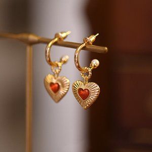 Red Agate Heart Earrings, 18K Gold Plated Sterling Silver Earrings